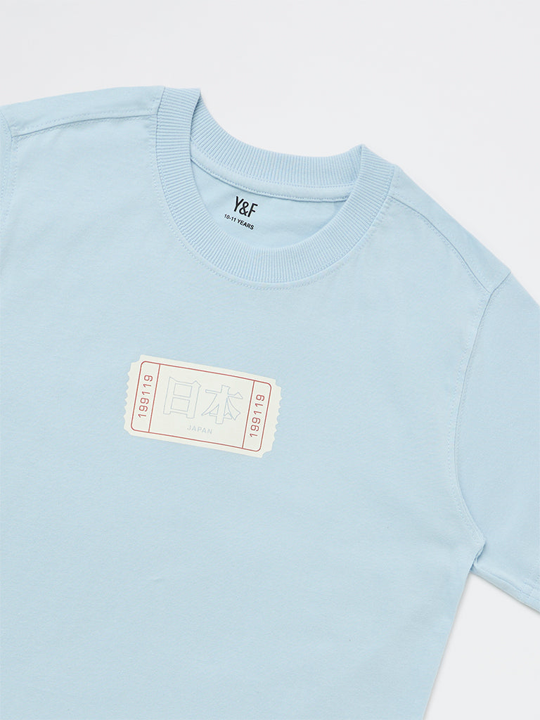 Boys Light Blue Printed Cotton T-Shirt