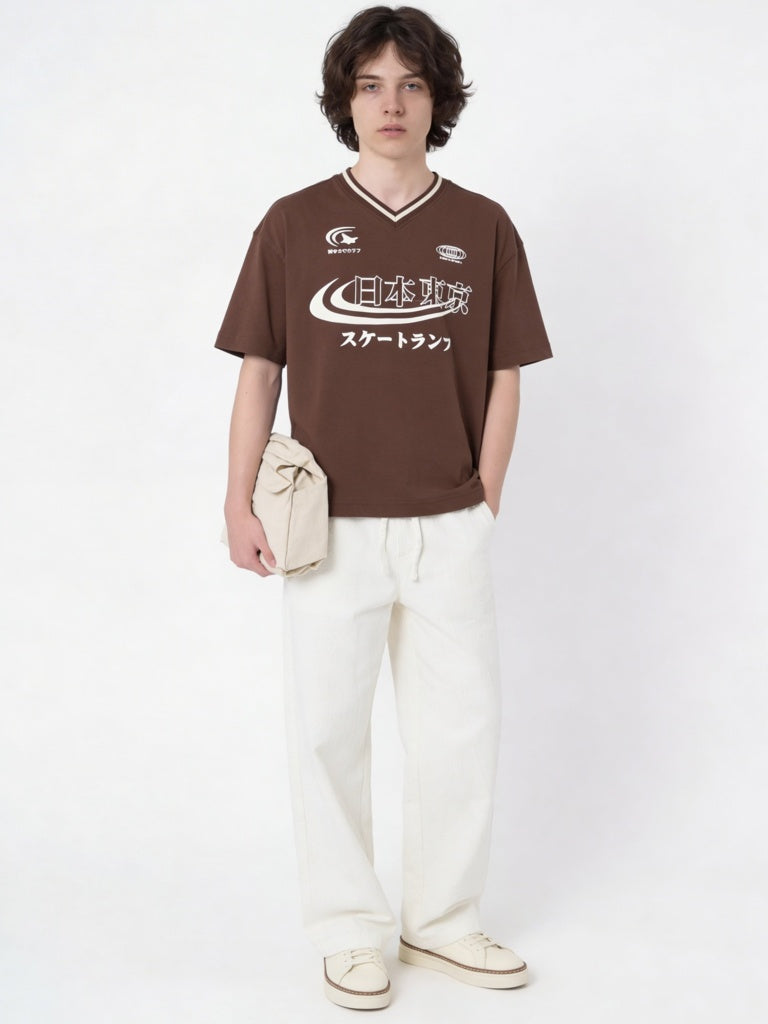 Boys Dark Brown Printed Cotton T-Shirt
