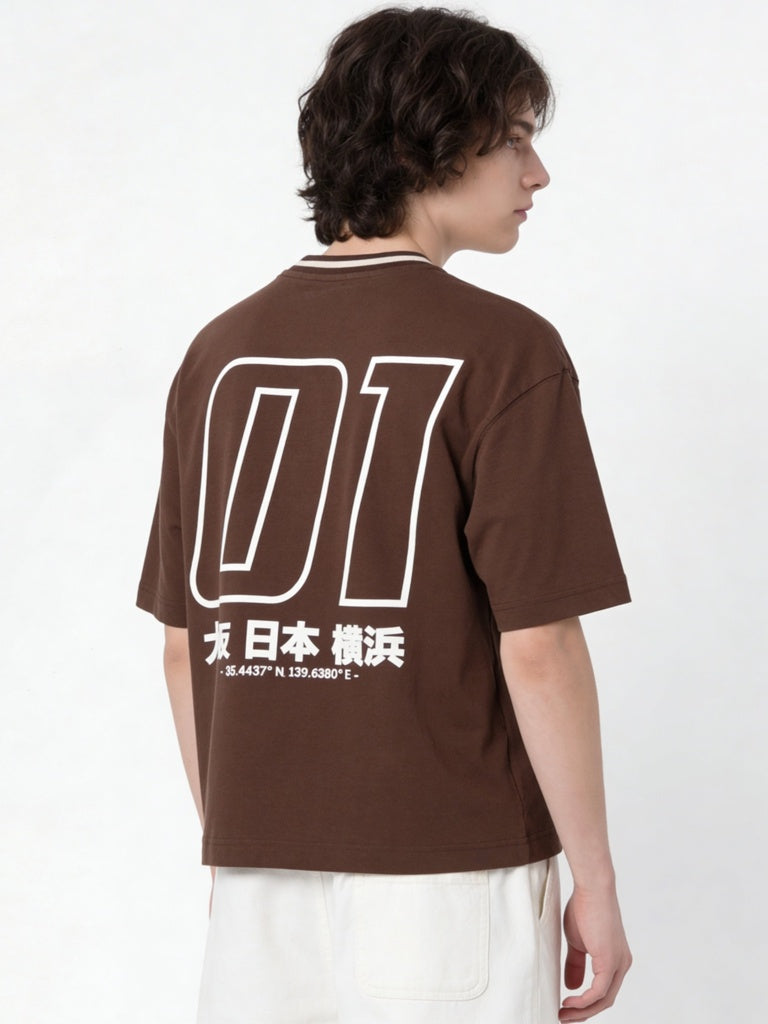Boys Dark Brown Printed Cotton T-Shirt