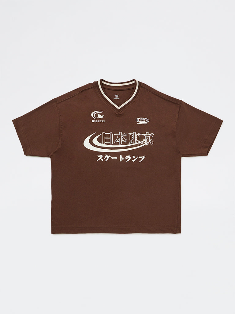 Boys Dark Brown Printed Cotton T-Shirt