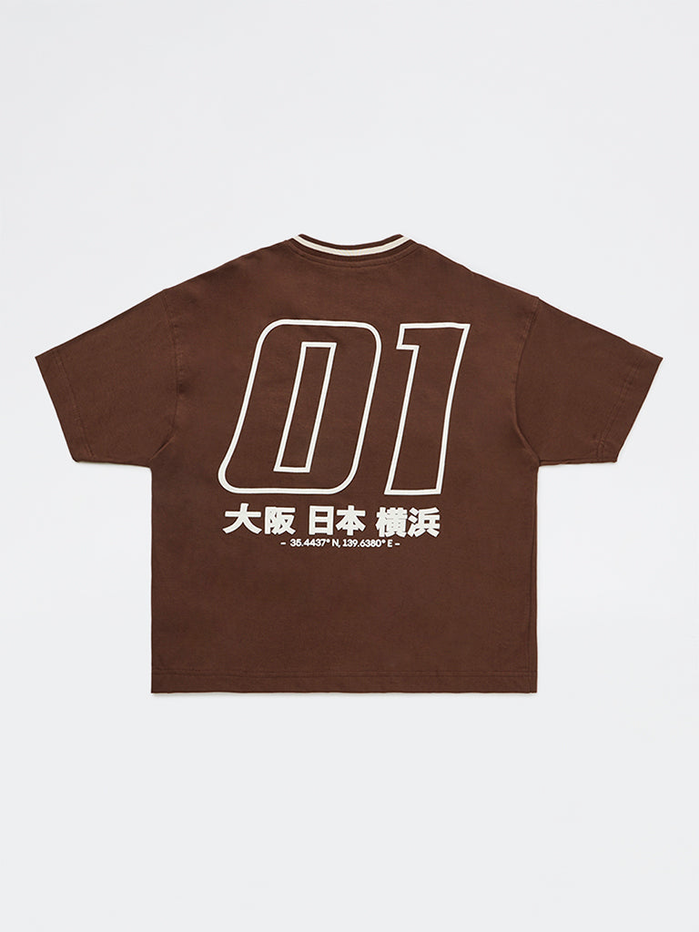 Boys Dark Brown Printed Cotton T-Shirt