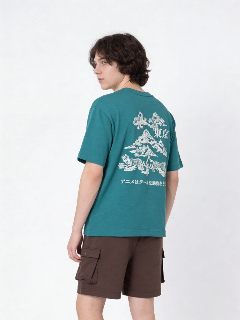 Boys Green Printed Cotton T-Shirt