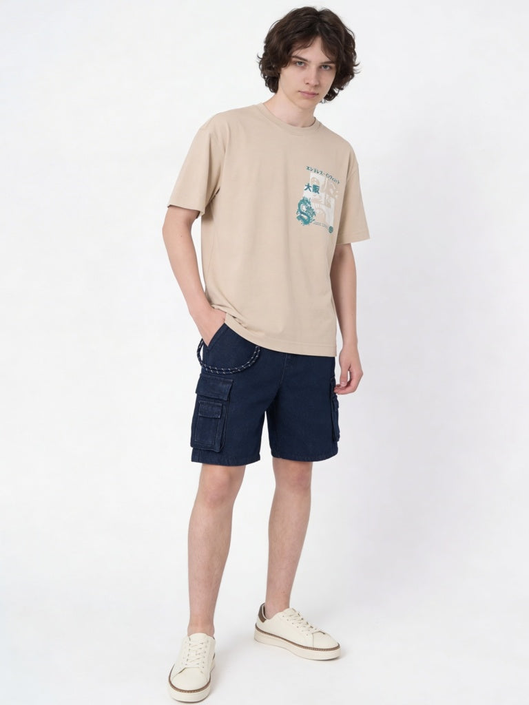 Boys Light Beige Graphic Printed Cotton T-Shirt