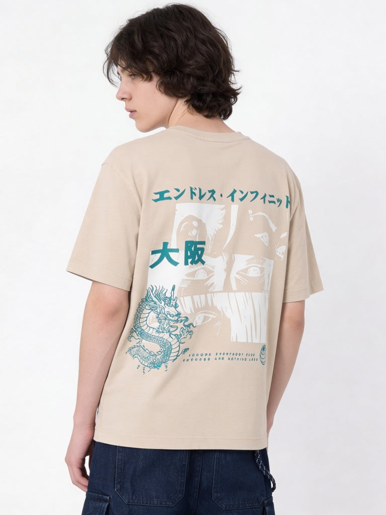 Boys Light Beige Graphic Printed Cotton T-Shirt