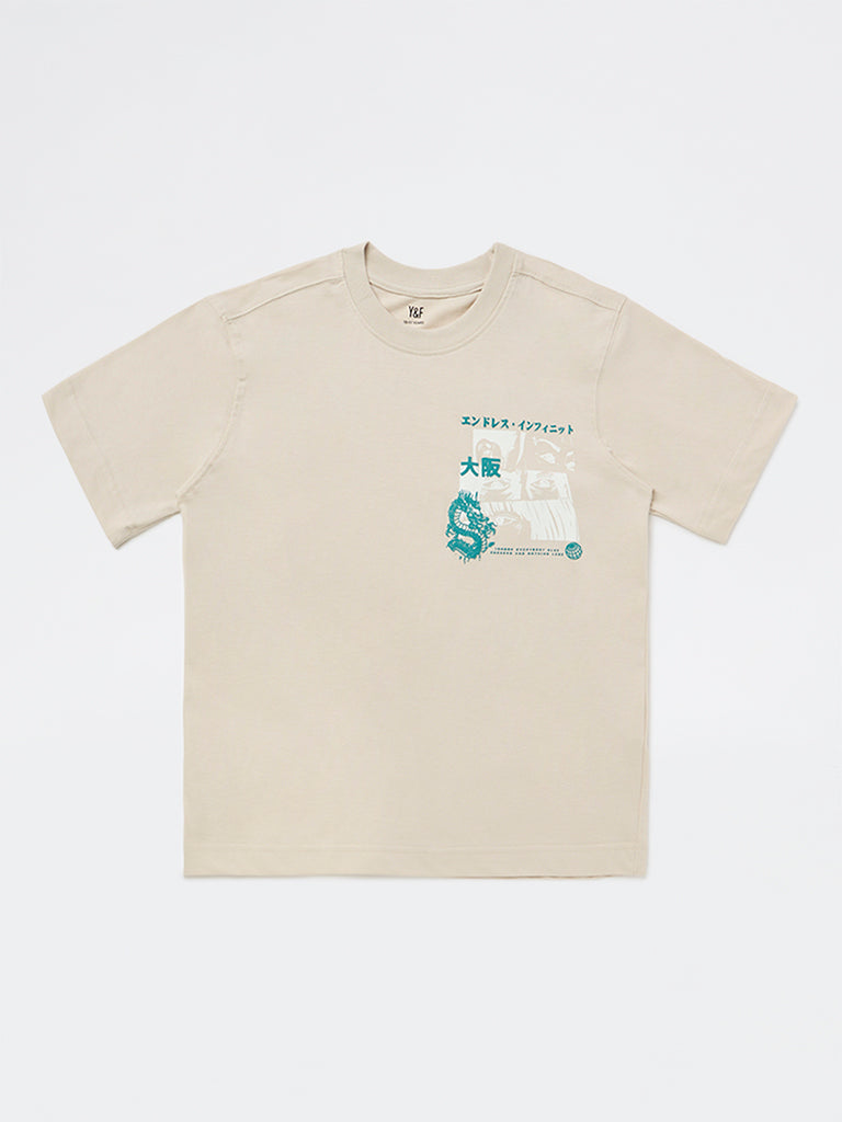 Boys Light Beige Graphic Printed Cotton T-Shirt