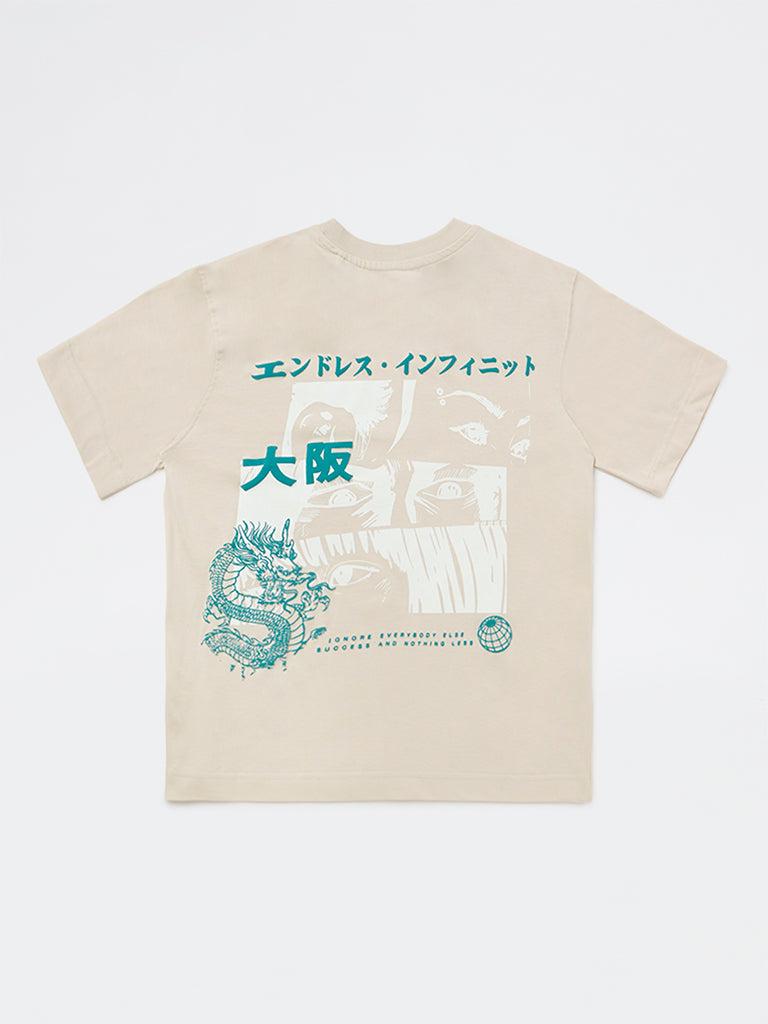 Boys Light Beige Graphic Printed Cotton T-Shirt