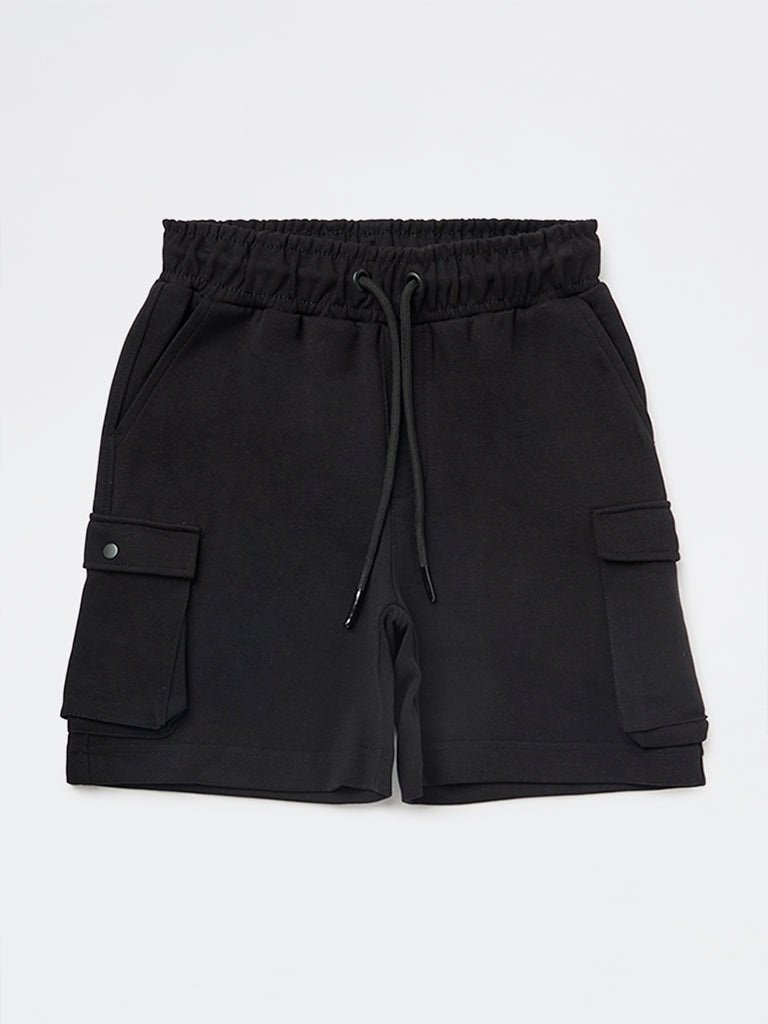 Boys Black Mid-Rise Cotton-Blend Shorts