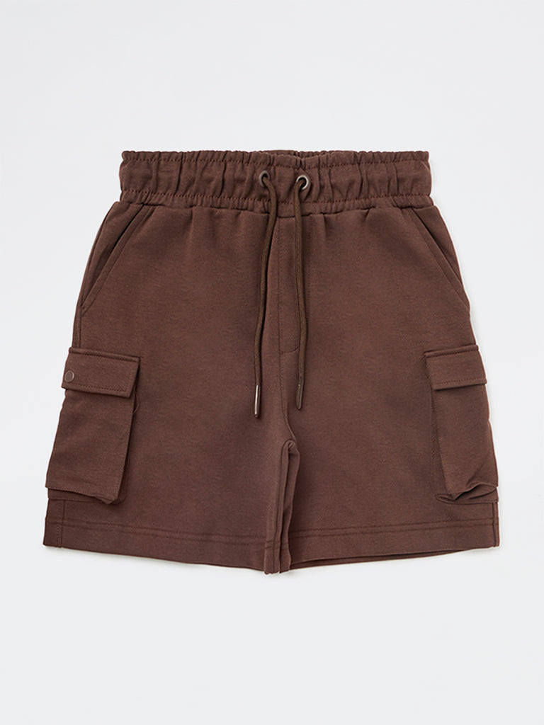 Boys Brown Mid-Rise Cotton-Blend Shorts