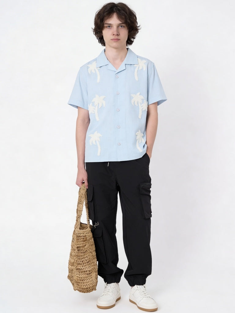 Boys Light Blue Tropical Embroidered Cotton Shirt