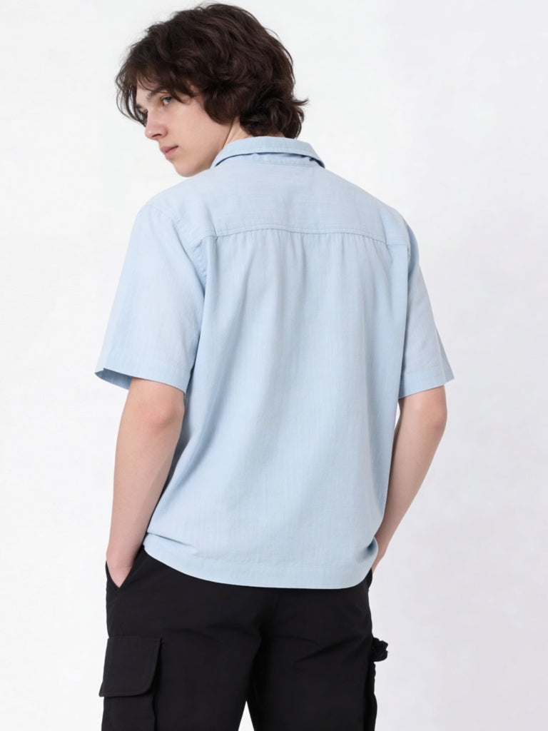 Boys Light Blue Tropical Embroidered Cotton Shirt