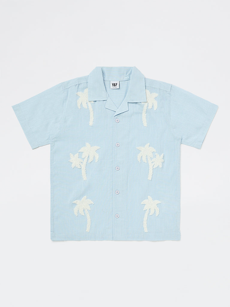 Boys Light Blue Tropical Embroidered Cotton Shirt