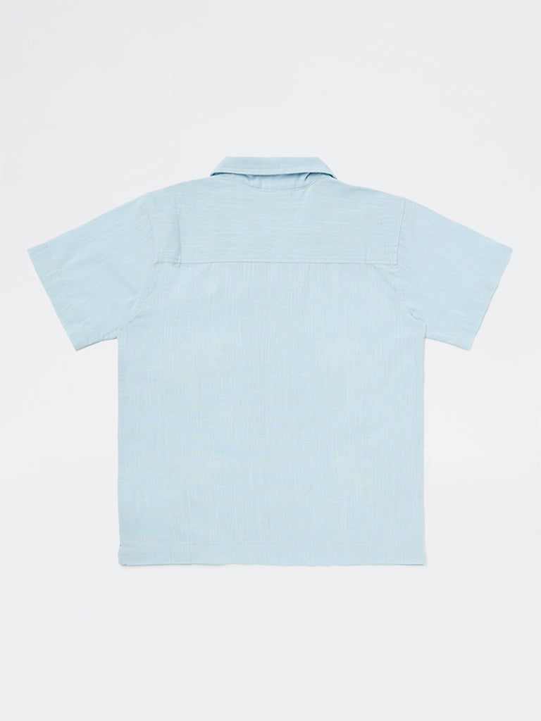 Boys Light Blue Tropical Embroidered Cotton Shirt