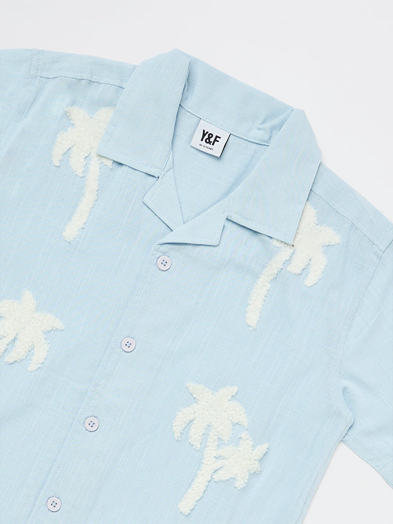 Boys Light Blue Tropical Embroidered Cotton Shirt