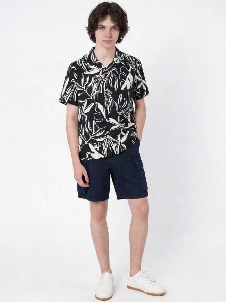 Boys Black Leaf Pattern Shirt