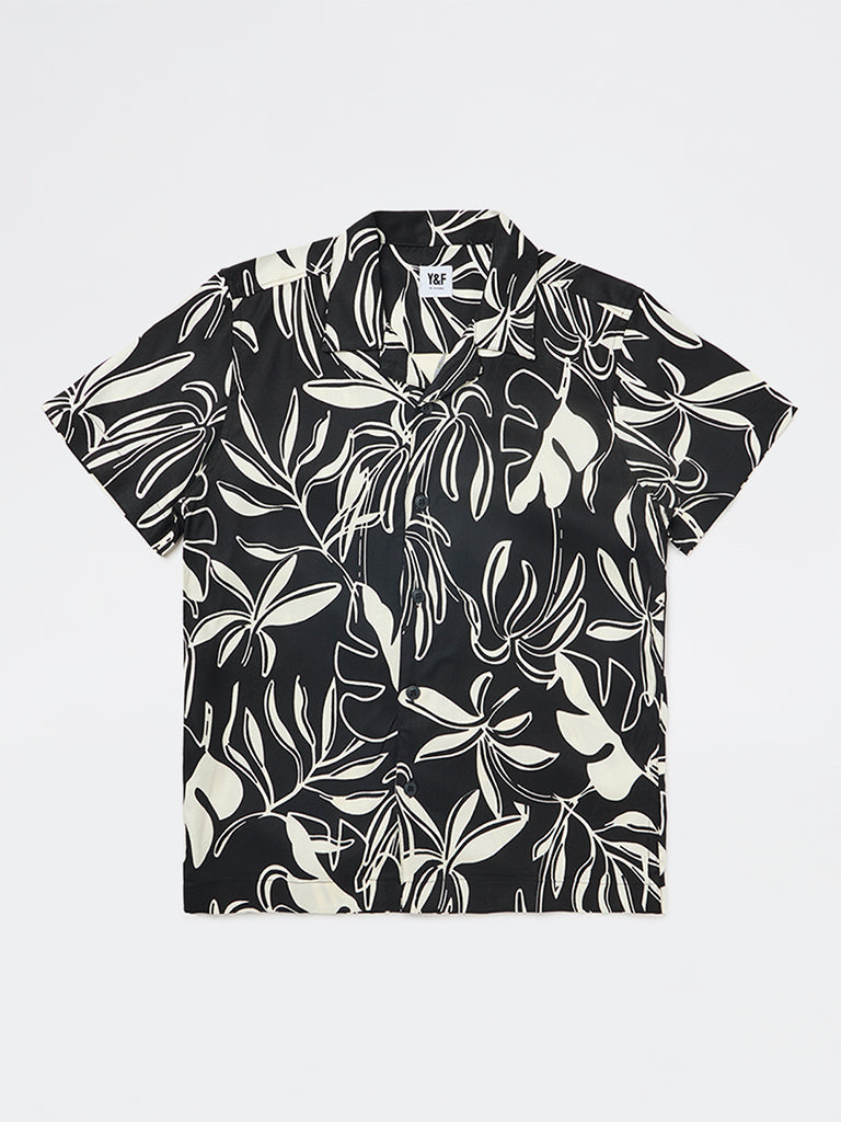Boys Black Leaf Pattern Shirt