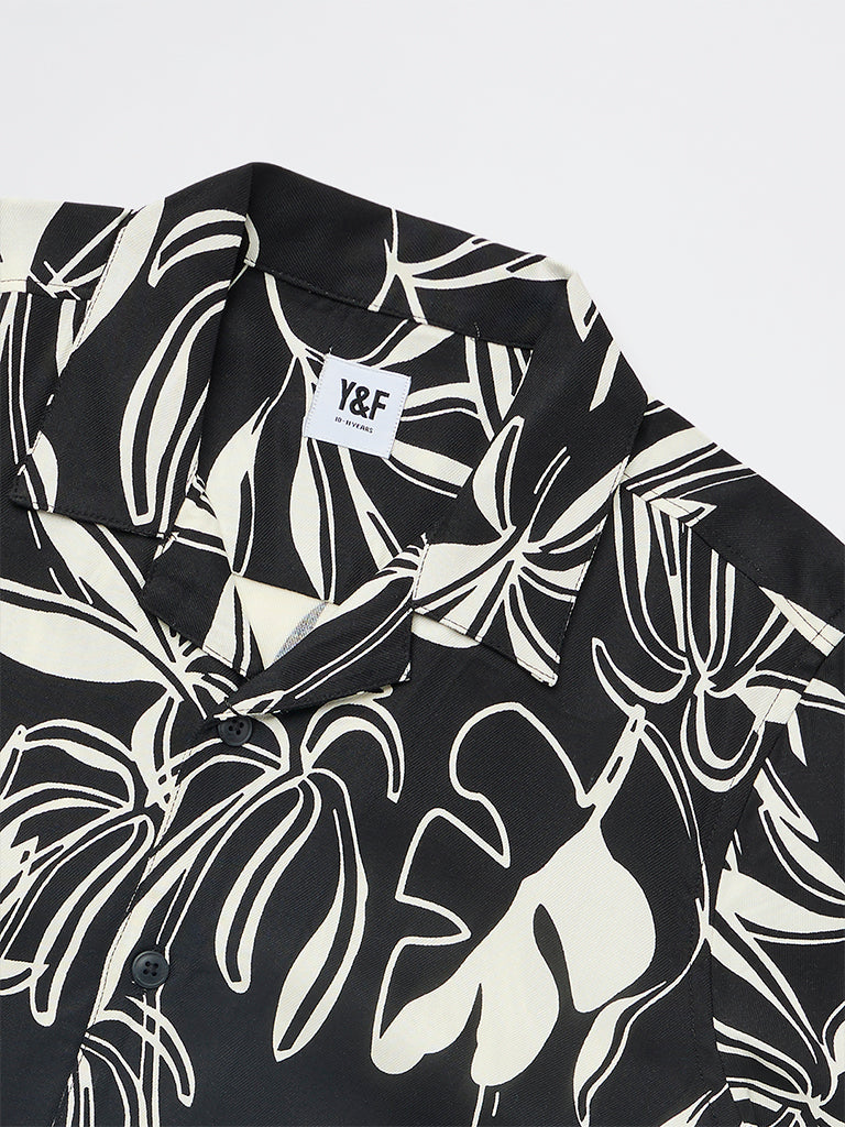 Boys Black Leaf Pattern Shirt