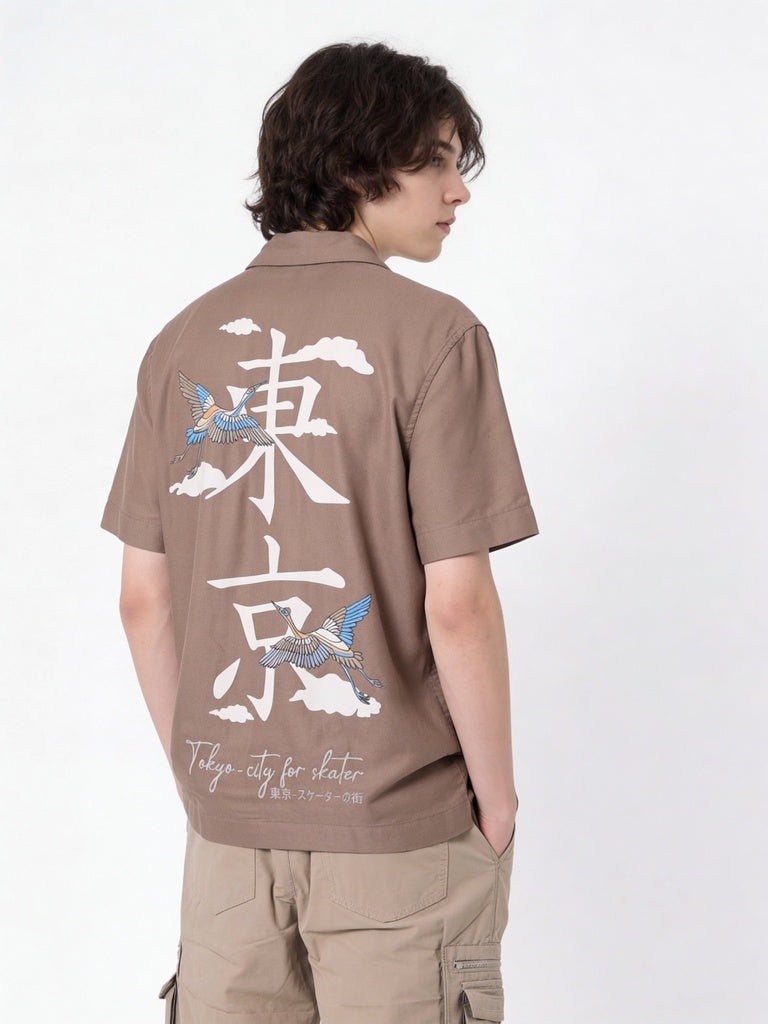 Boys Taupe Printed Shirt