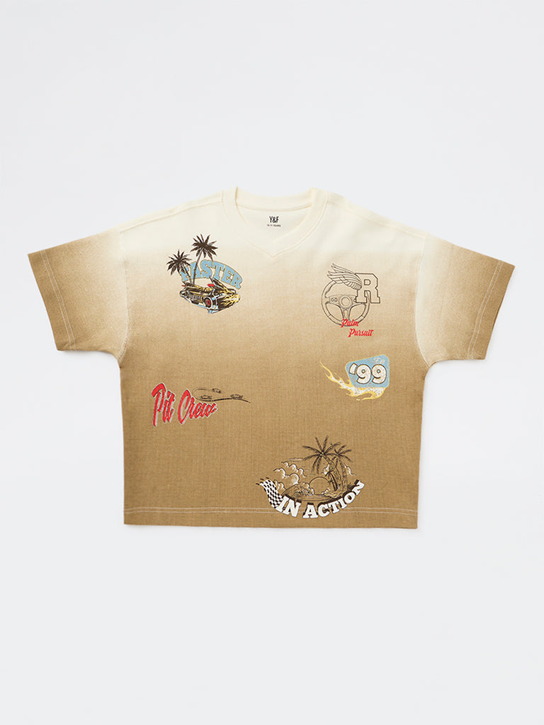 Boys Taupe Graphic Printed Cotton T-Shirt