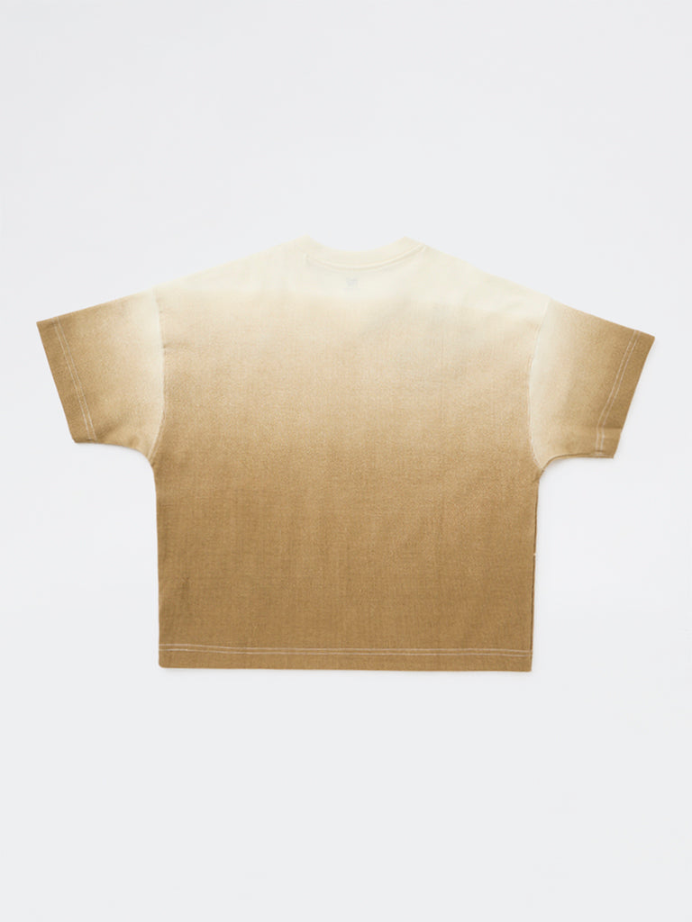 Boys Taupe Graphic Printed Cotton T-Shirt