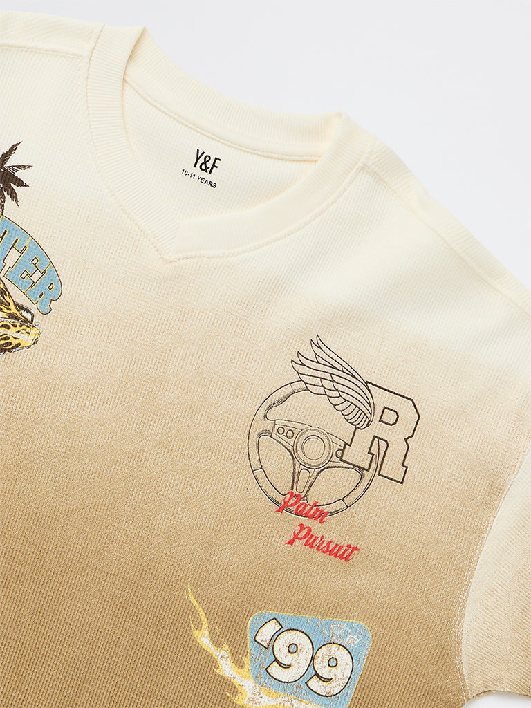 Boys Taupe Graphic Printed Cotton T-Shirt