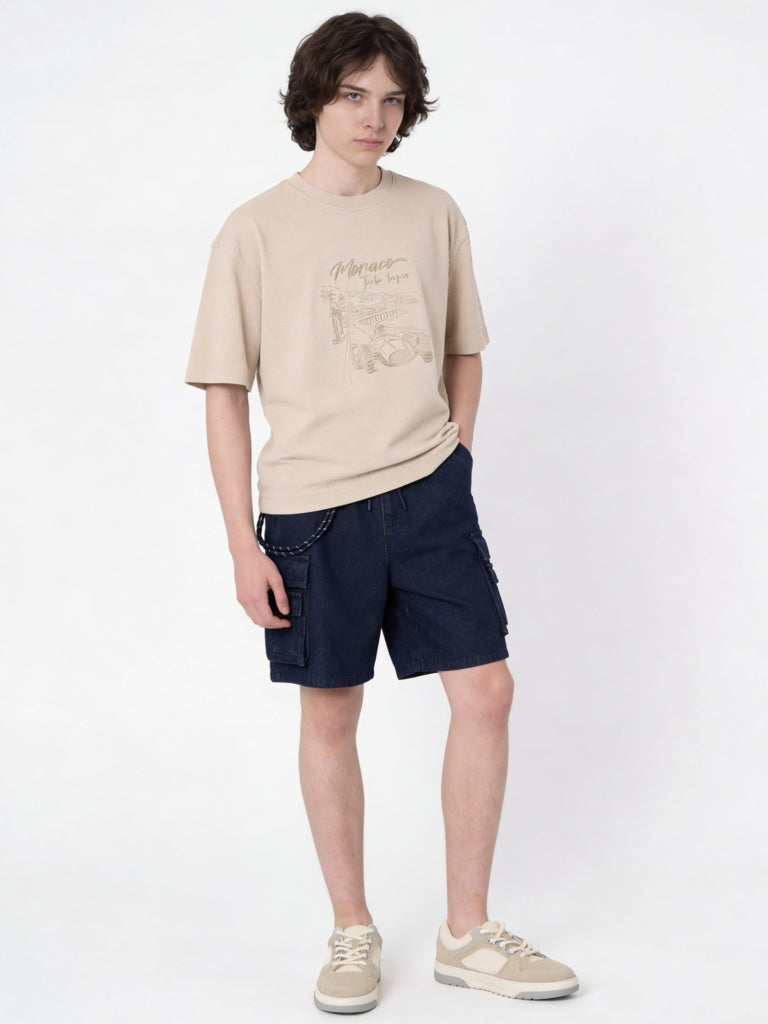 Boys Beige Printed Cotton-Blend T-Shirt