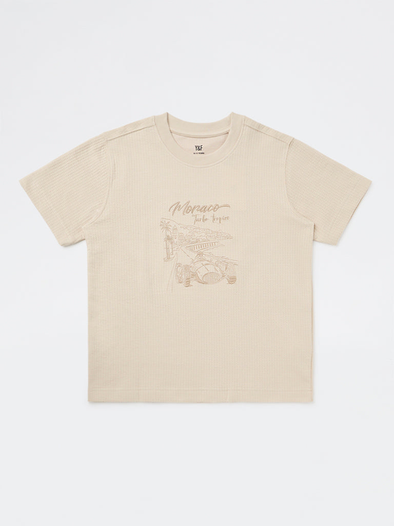 Boys Beige Printed Cotton-Blend T-Shirt