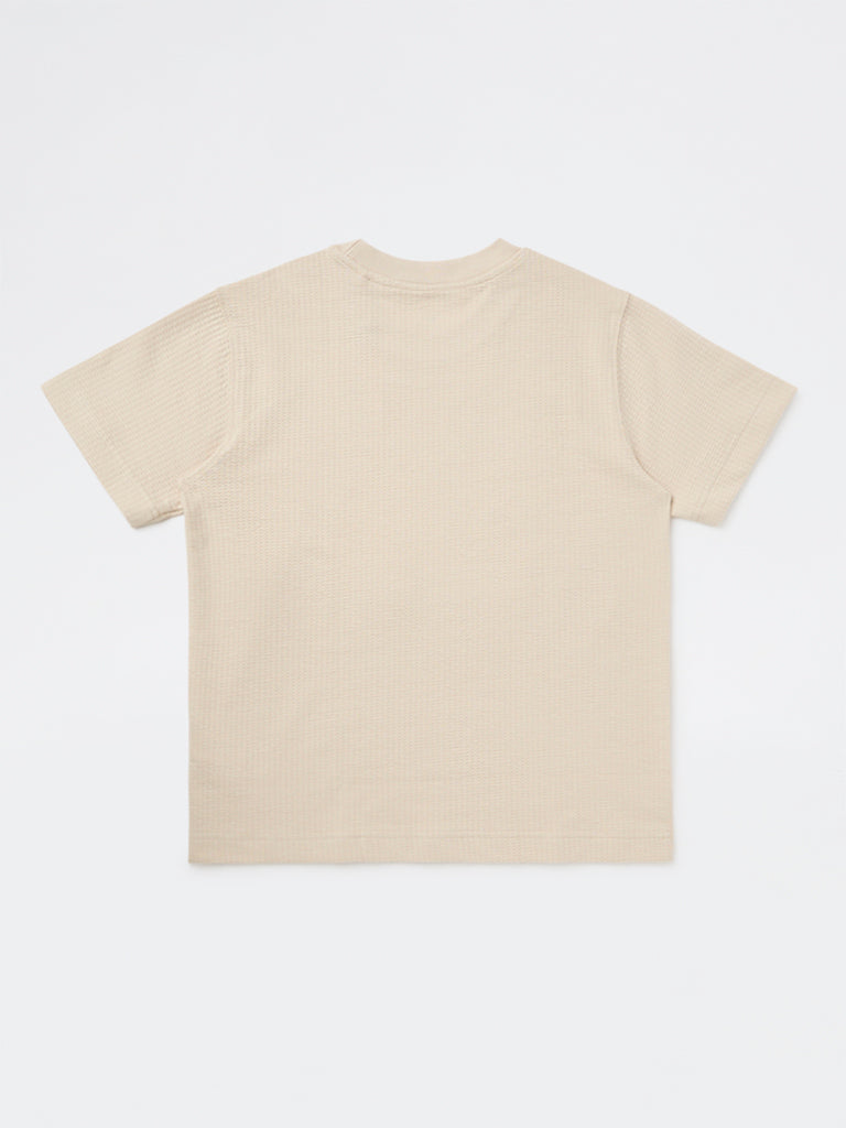 Boys Beige Printed Cotton-Blend T-Shirt