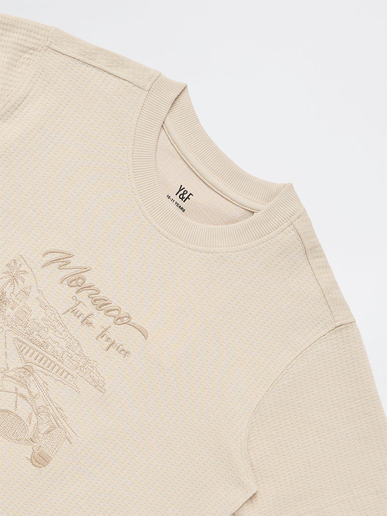 Boys Beige Printed Cotton-Blend T-Shirt
