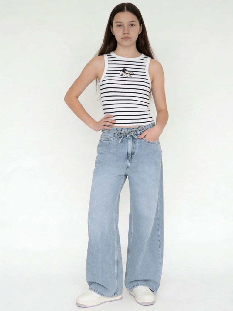 Girls White Striped Cotton-Blend Top