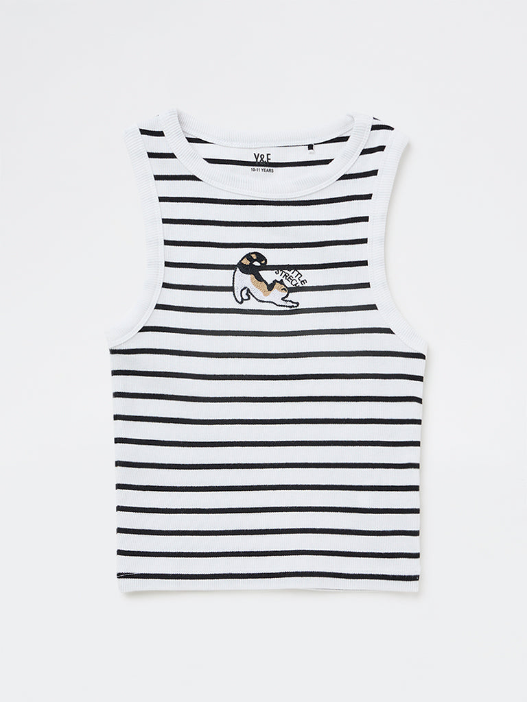 Girls White Striped Cotton-Blend Top