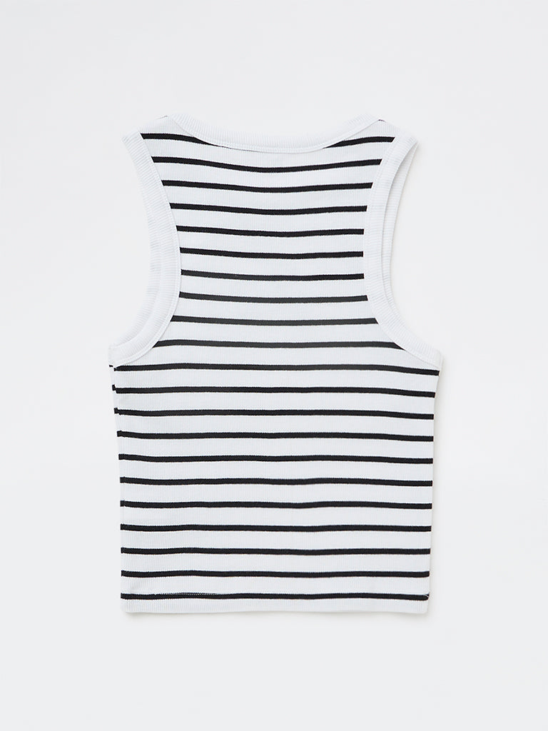 Girls White Striped Cotton-Blend Top