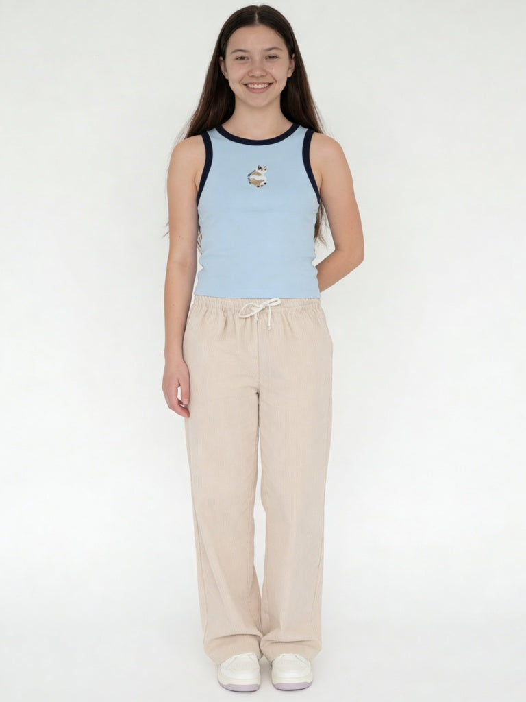 Girls Light Blue Cat Embroidered Cotton-Blend Top