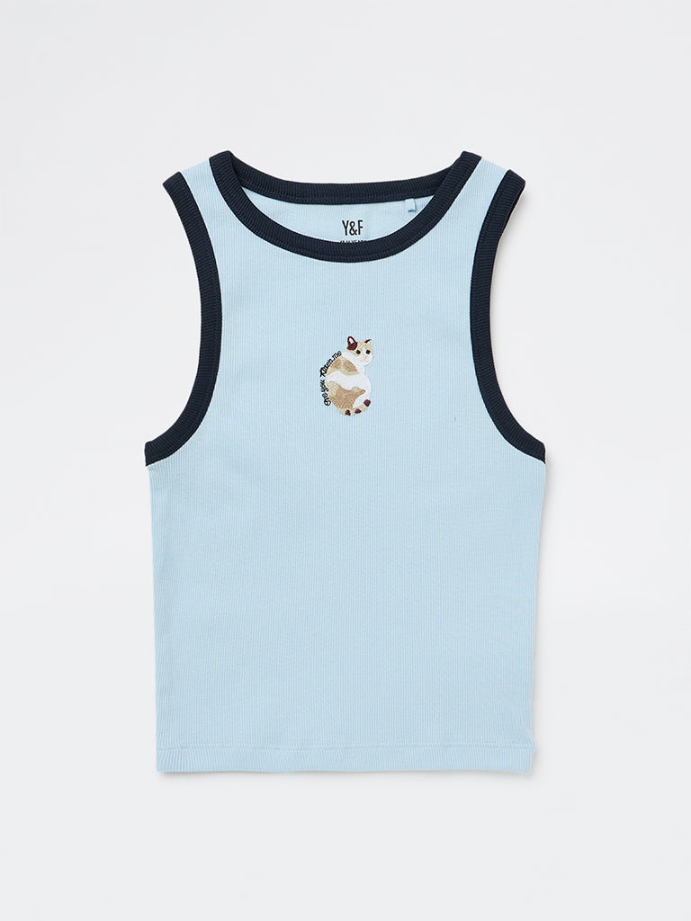 Girls Light Blue Cat Embroidered Cotton-Blend Top