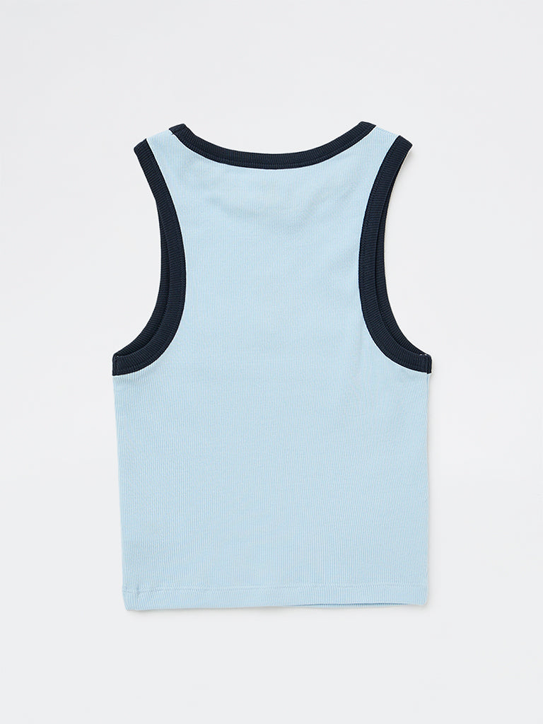 Girls Light Blue Cat Embroidered Cotton-Blend Top