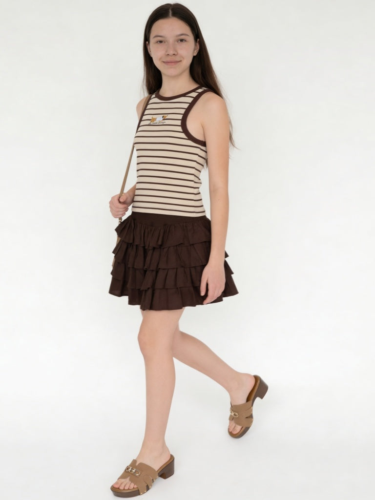 Girls Brown Striped Cotton-Blend Top