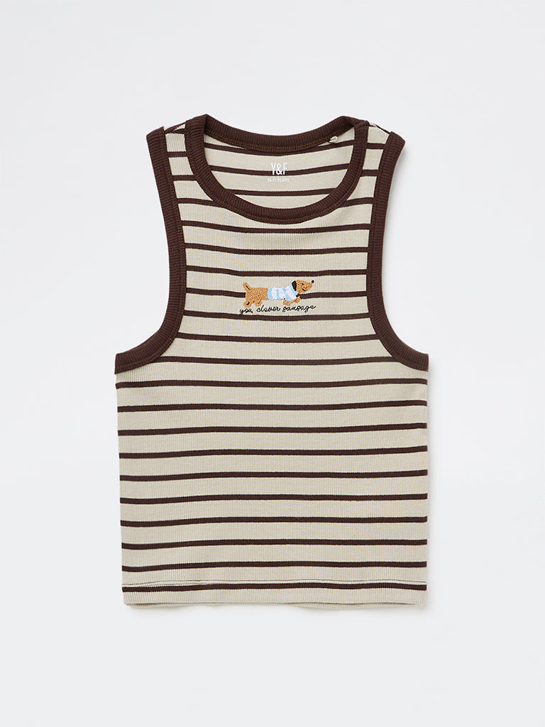 Girls Brown Striped Cotton-Blend Top