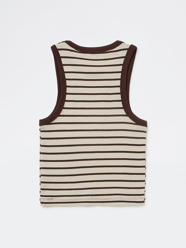 Girls Brown Striped Cotton-Blend Top