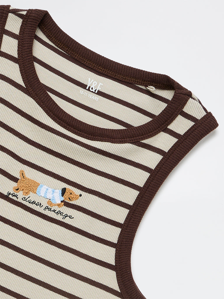 Girls Brown Striped Cotton-Blend Top