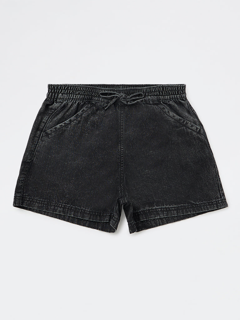 Girls Black High-Rise Denim Shorts