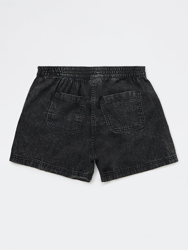 Girls Black High-Rise Denim Shorts