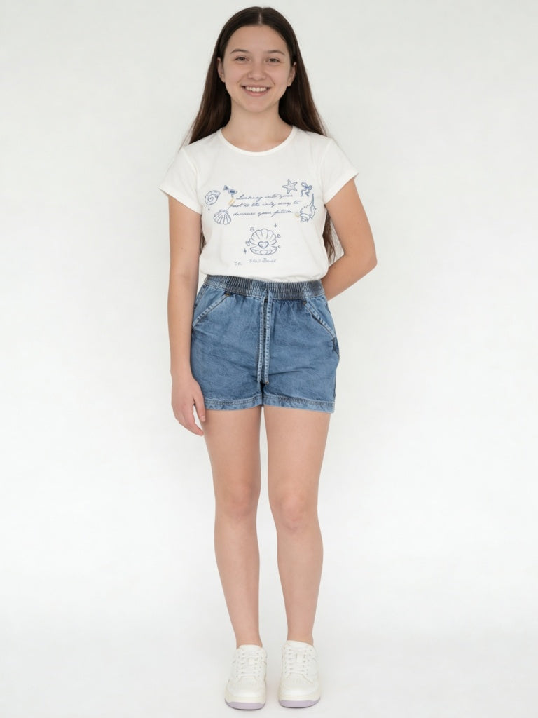 Girls Blue Mid-Wash High-Rise Denim Shorts
