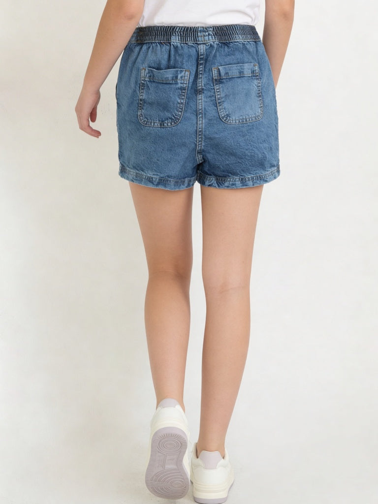 Girls Blue Mid-Wash High-Rise Denim Shorts