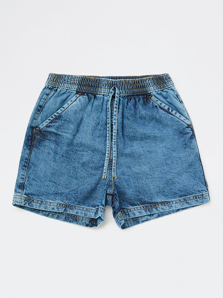Girls Blue Mid-Wash High-Rise Denim Shorts