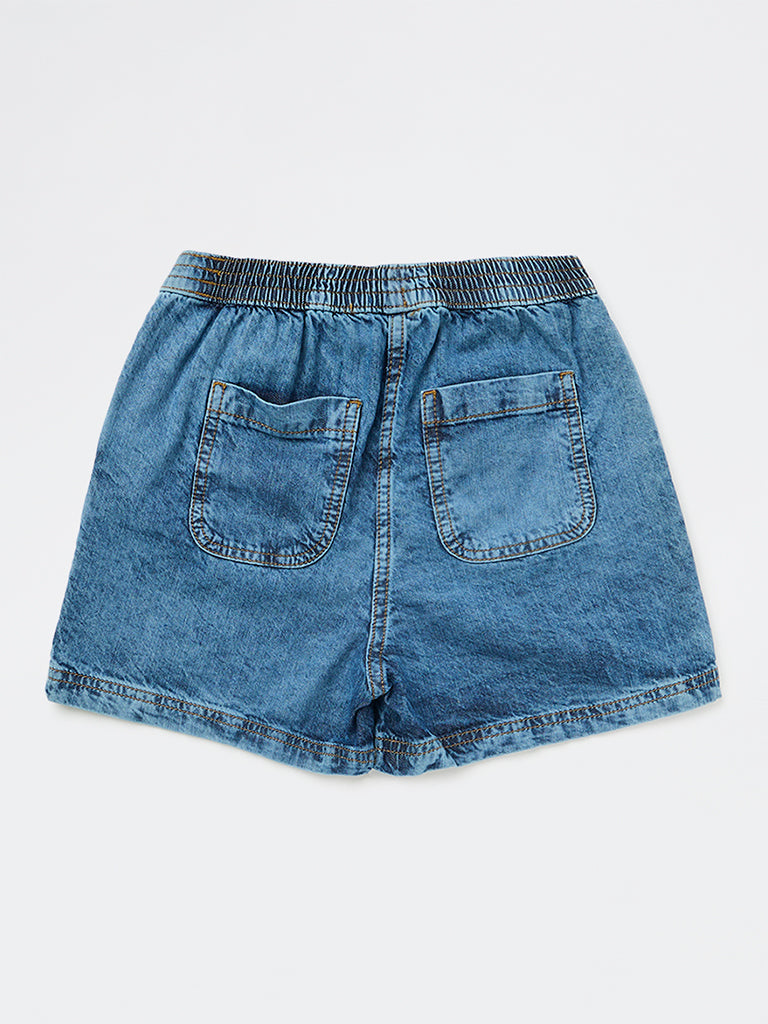 Girls Blue Mid-Wash High-Rise Denim Shorts
