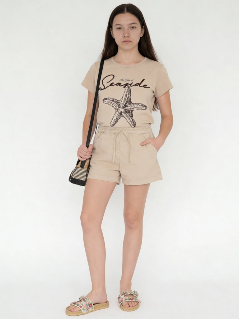 Girls Beige High-Rise Cotton Shorts