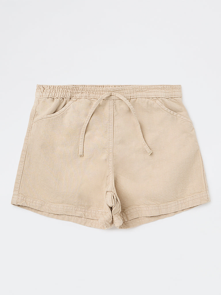 Girls Beige High-Rise Cotton Shorts