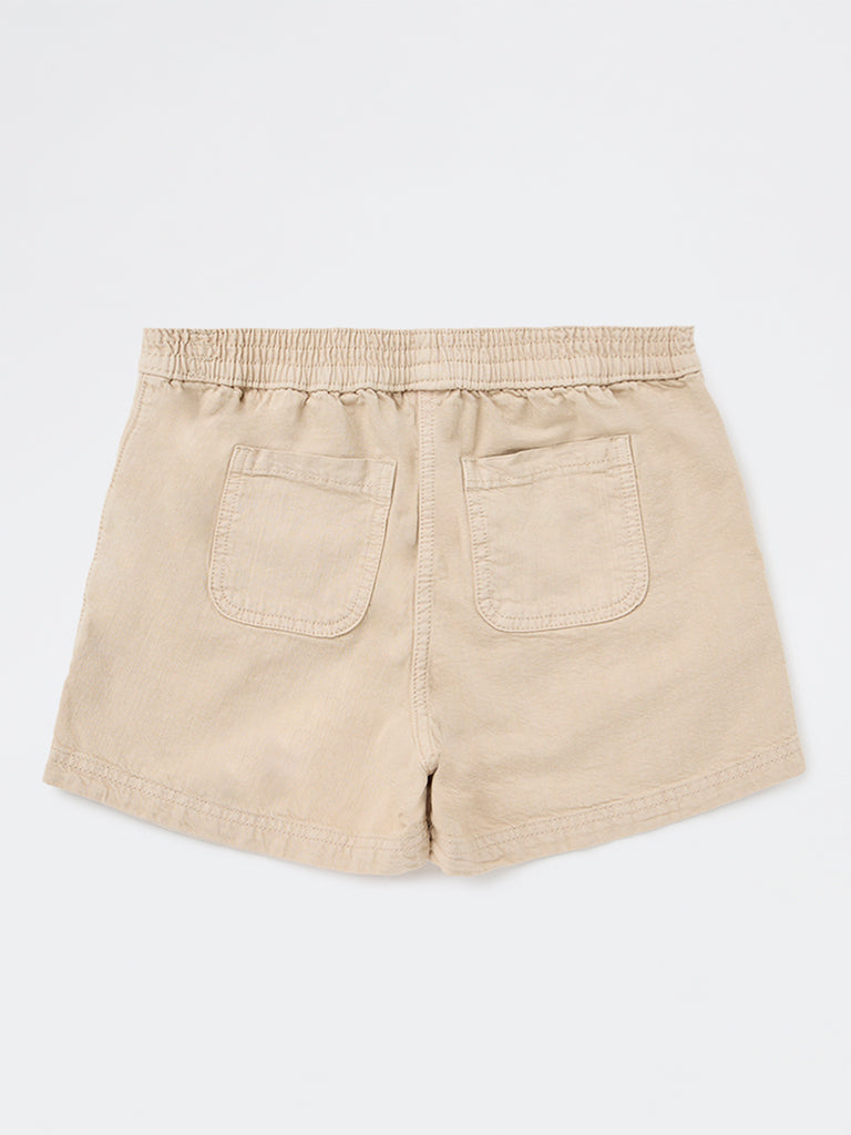 Girls Beige High-Rise Cotton Shorts