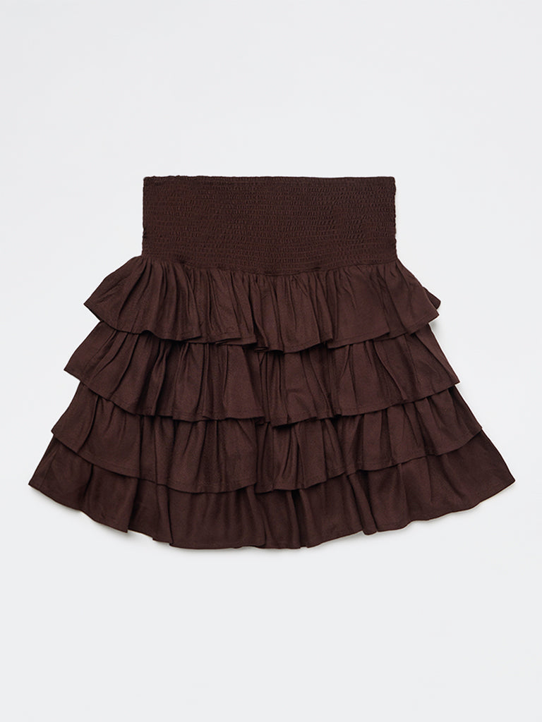 Girls Brown Ruffled High-Rise Tiered Skirt