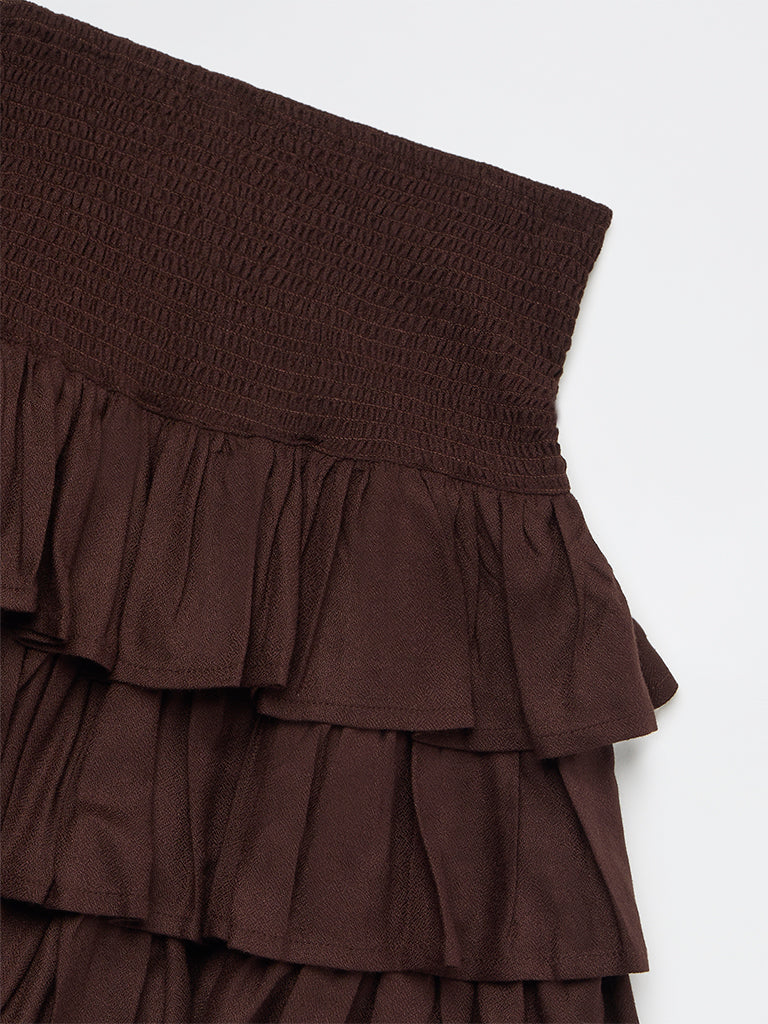 Girls Brown Ruffled High-Rise Tiered Skirt