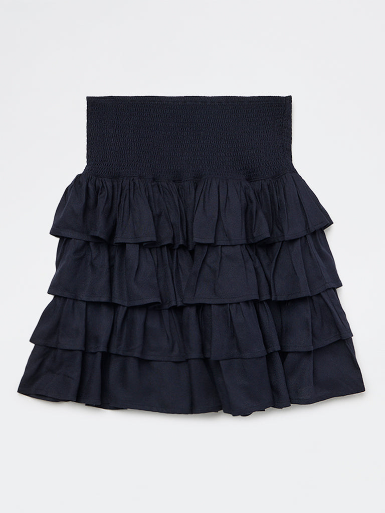 Girls Navy Ruffled High-Rise Tiered Skirt